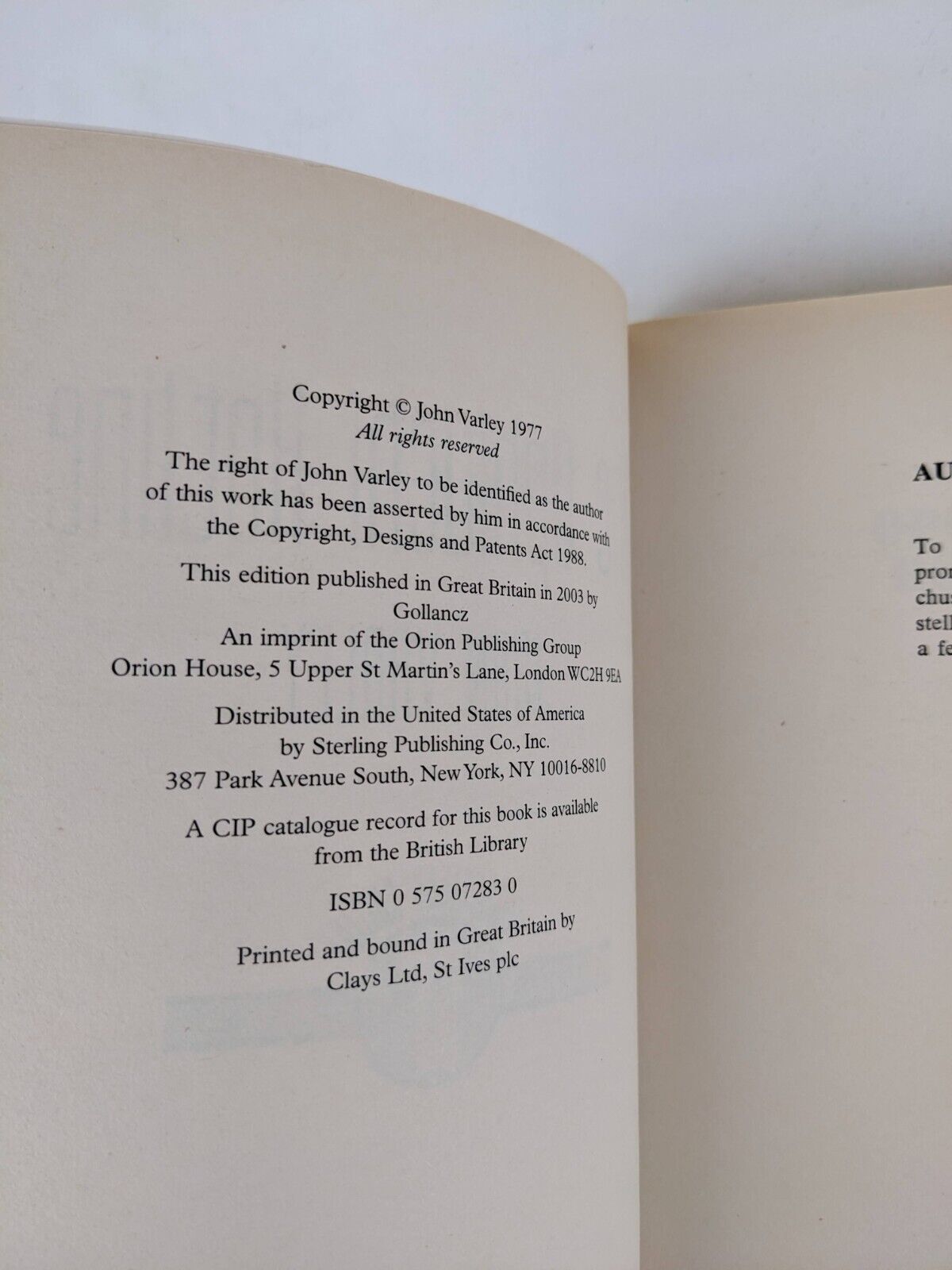 Eight worlds series: The ophiuchi hotline by John Varley 2003 Gollancz SF
