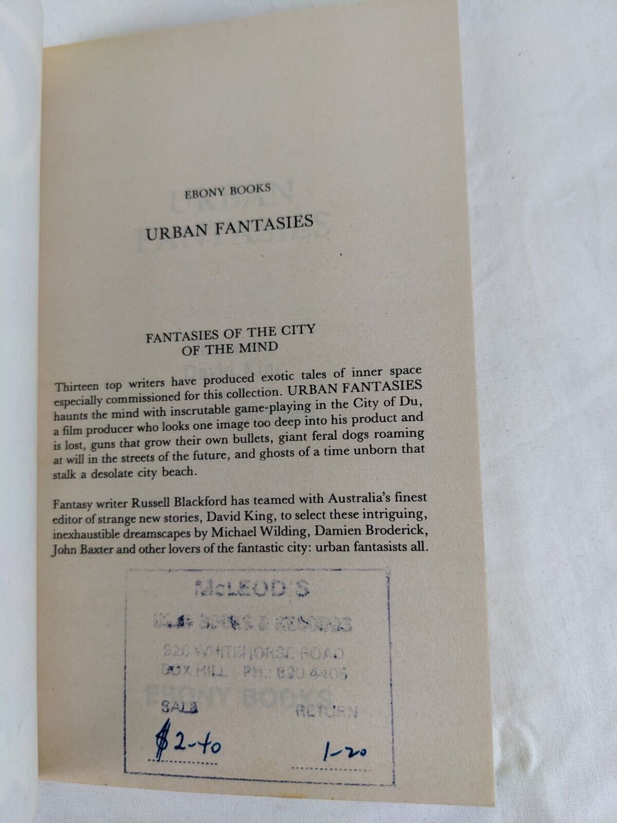 Urban fantasies edited by David King and Russell Blackford 1985 Ebony