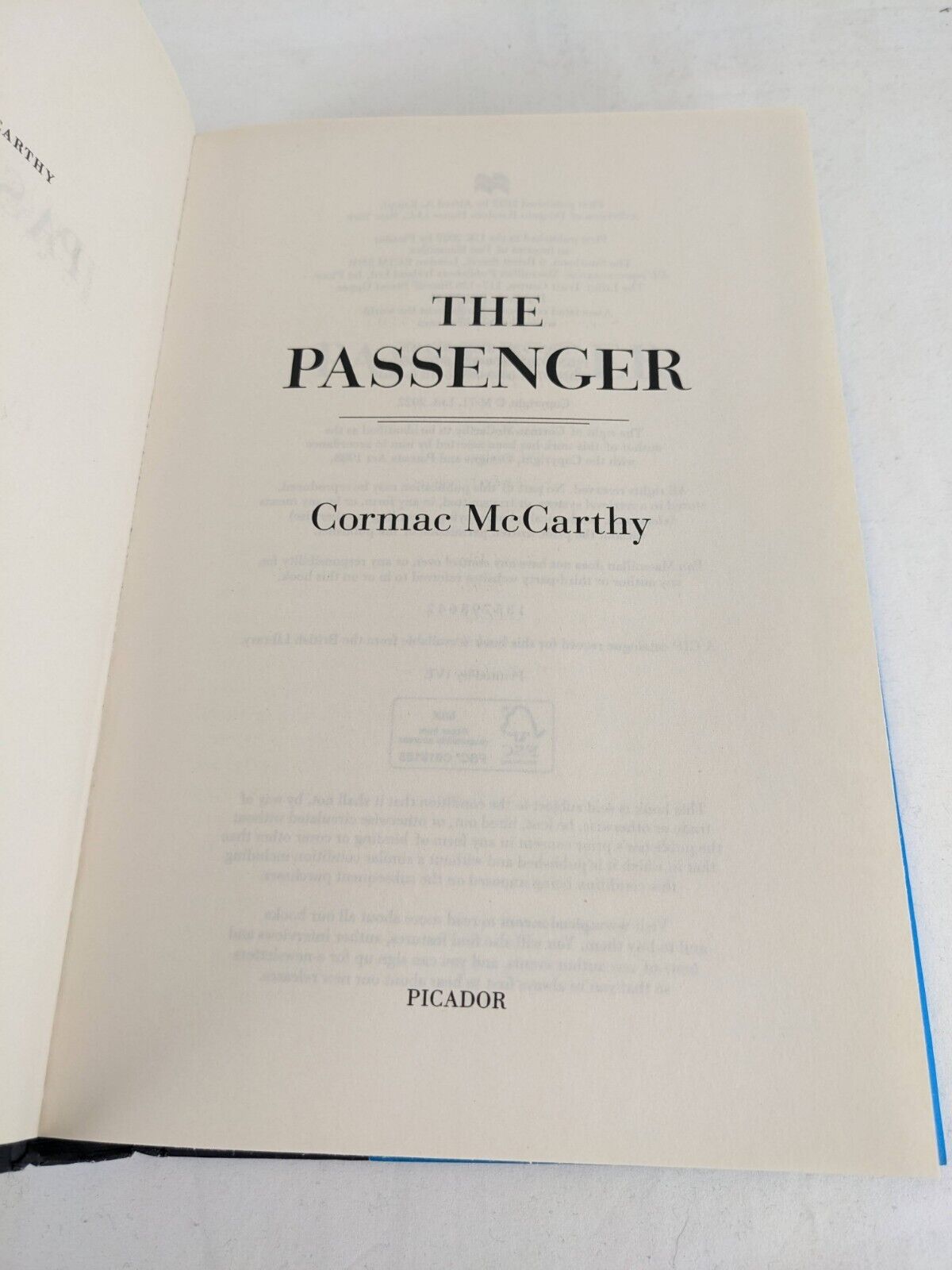 The passenger by Cormac McCarthy 2022 Hardcover