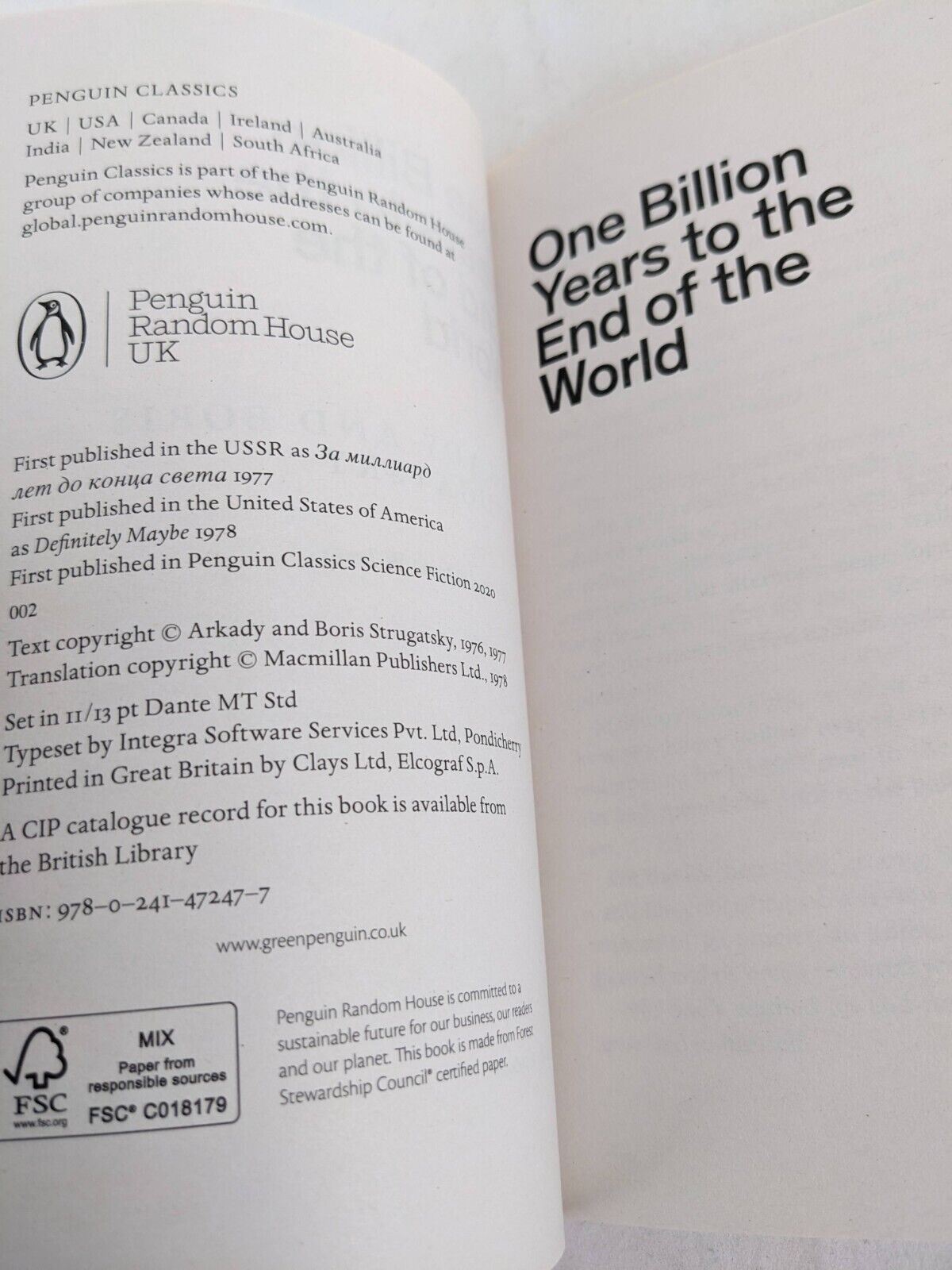One Billion Years to the end of the world by Arkady and Boris Strugatsky 2020