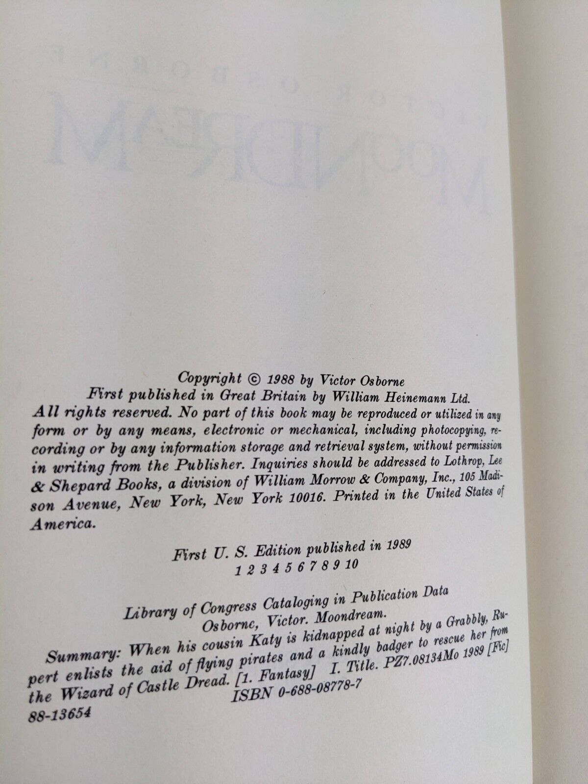 Moondream by Victor Osborne First edition hardcover 1989