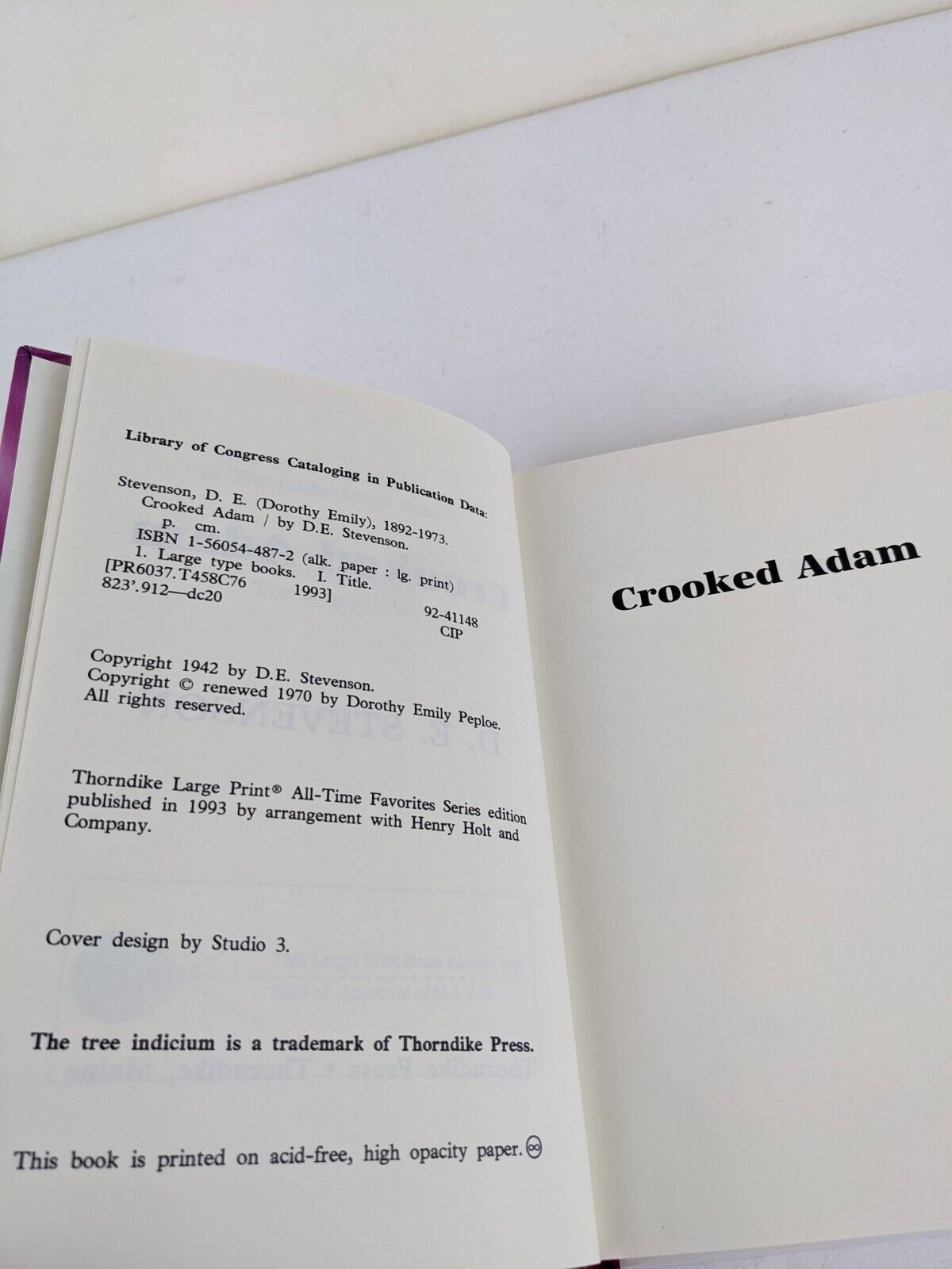 Crooked Adam by D.E. Stevenson Large Print Hardcover 1970