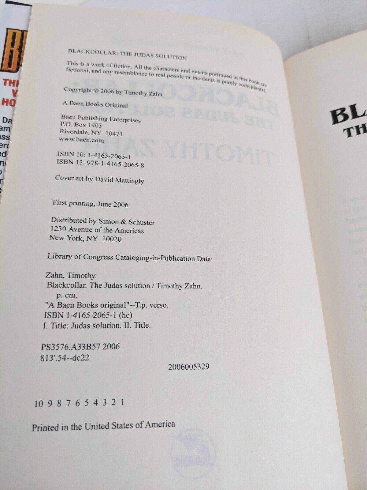 Blackcollar by Timothy Zahn 2006 Hardcover First Edition Baen