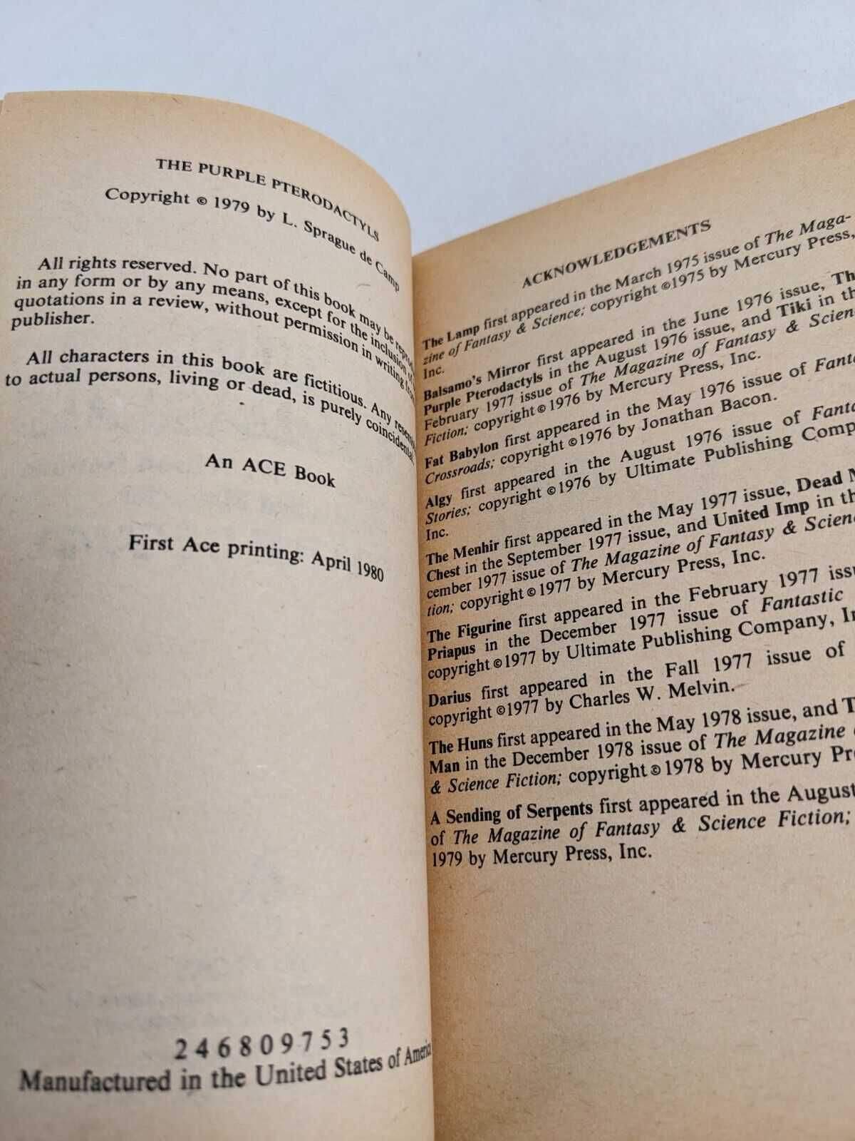 The purple Pterodactyls by L. Sprague De Camp 1980 First Ace Printing