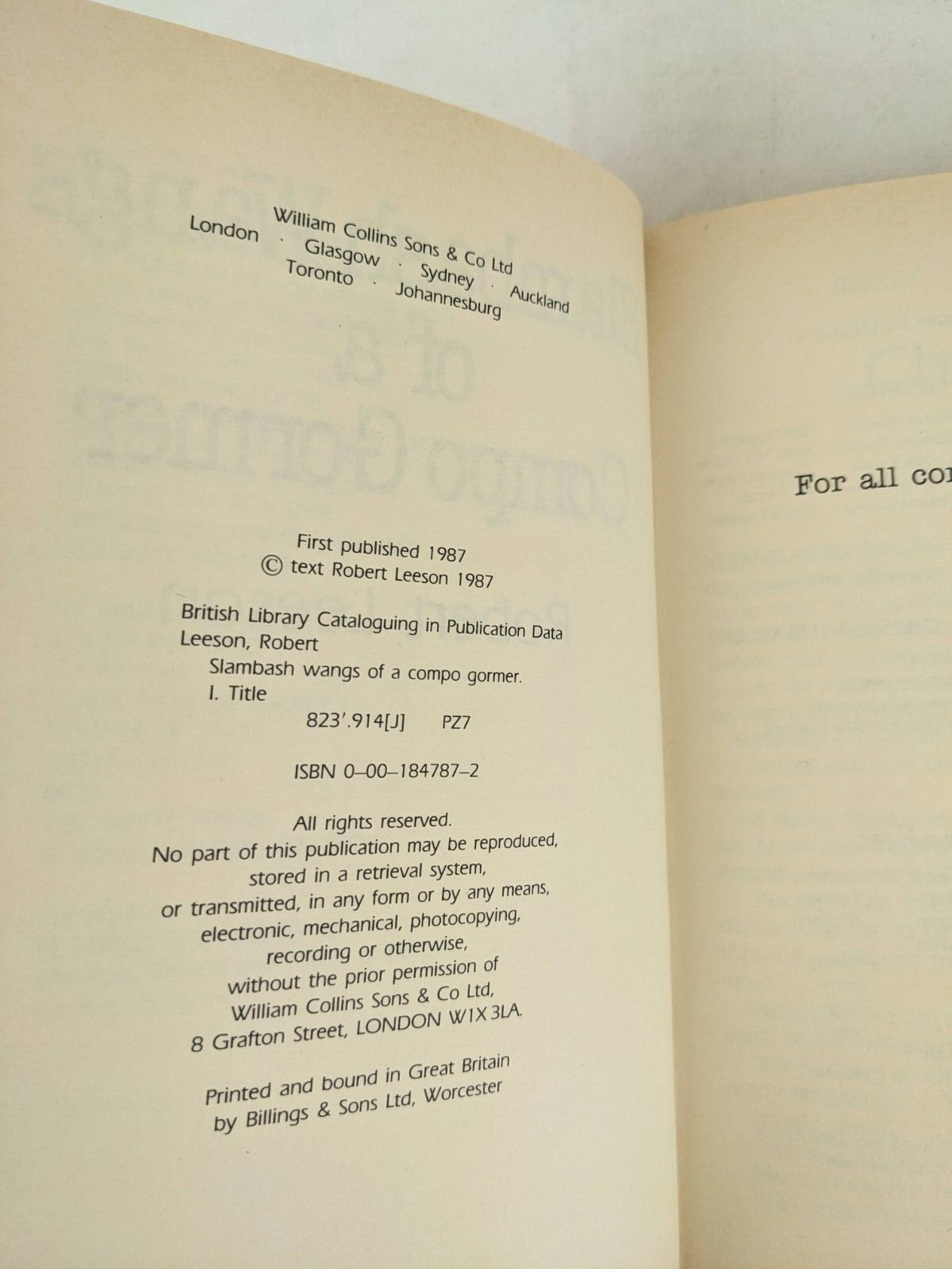 Slambash wangs of a comp gormer by Robert Leeson 1987 hardcover