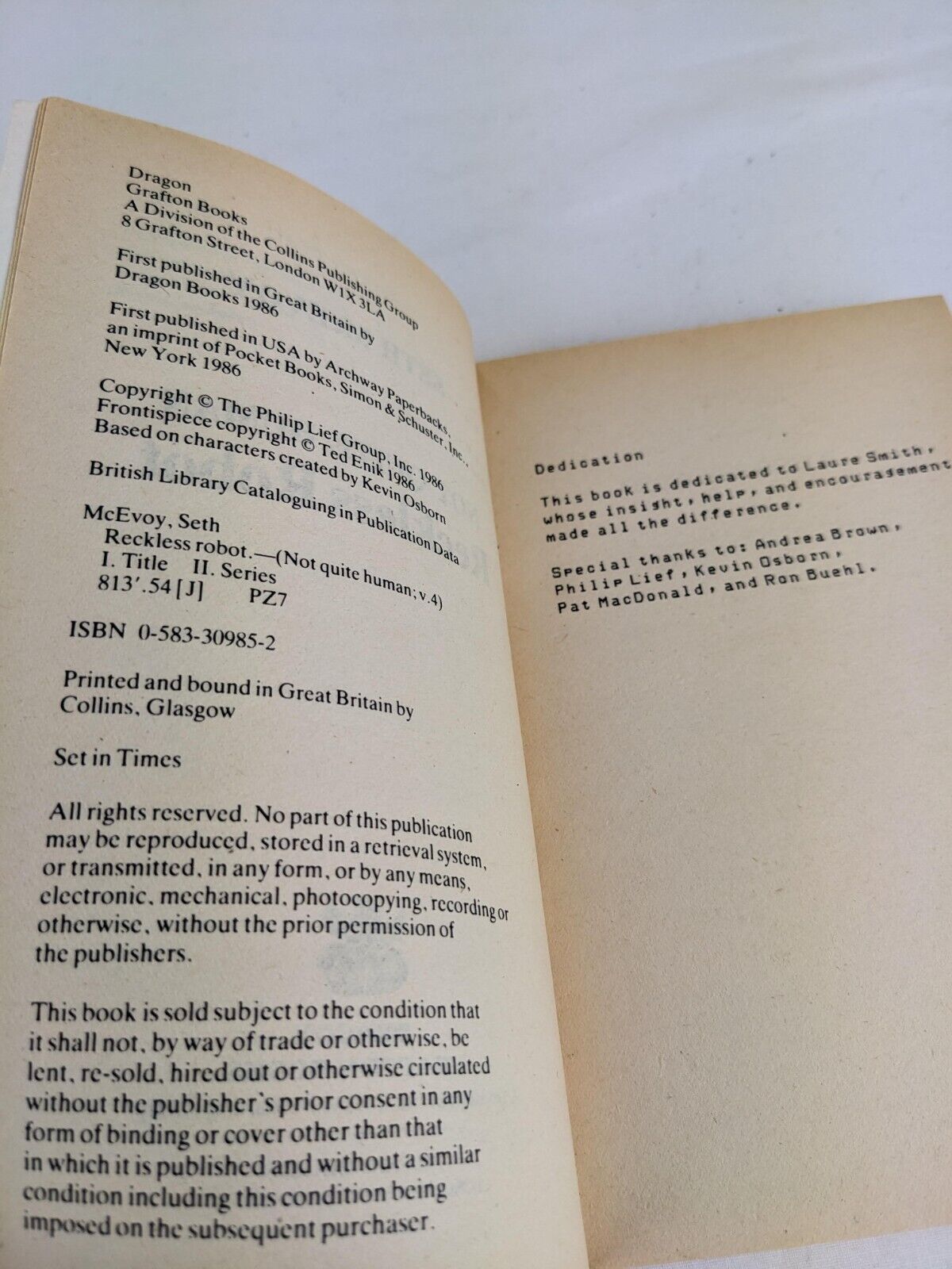Not Quite human: Reckless robot by Seth McEvoy 1986 Grafton Books