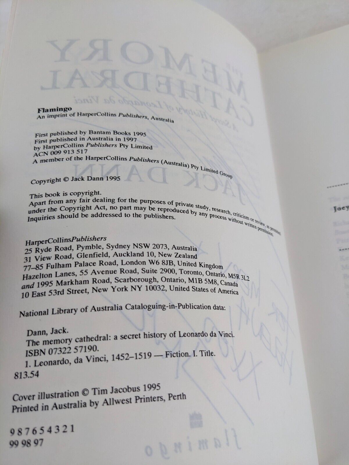 The Memory Cathedral: A Secret History of Da Vinci by Jack Dann 1997 Signed copy
