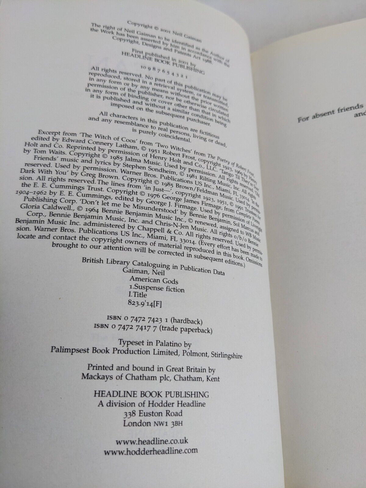 American Gods by Neil Gaiman 2001 Headline