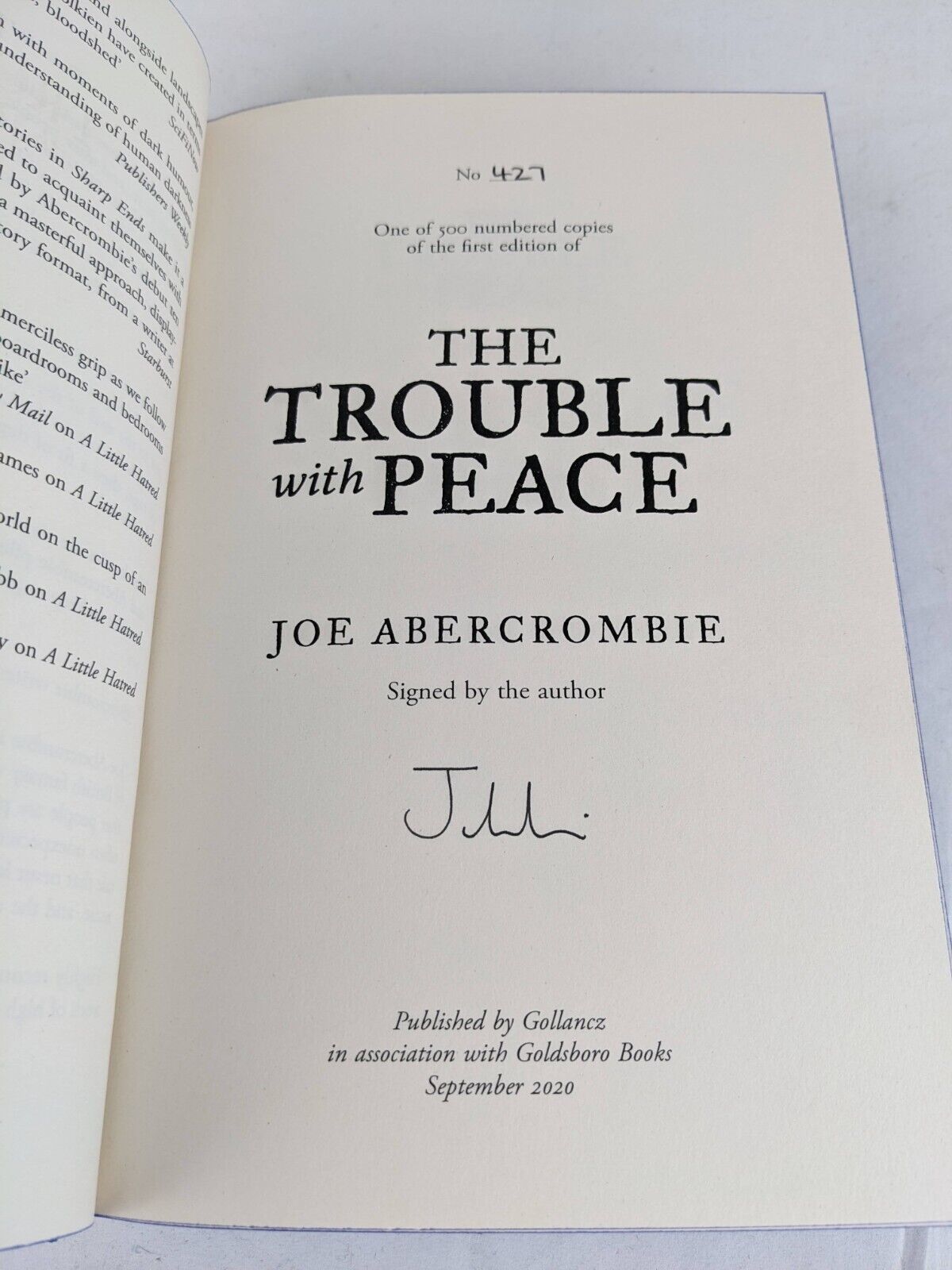 The trouble with peace by Joe Abercrombie Gollancz Limited 1st Edition Signed