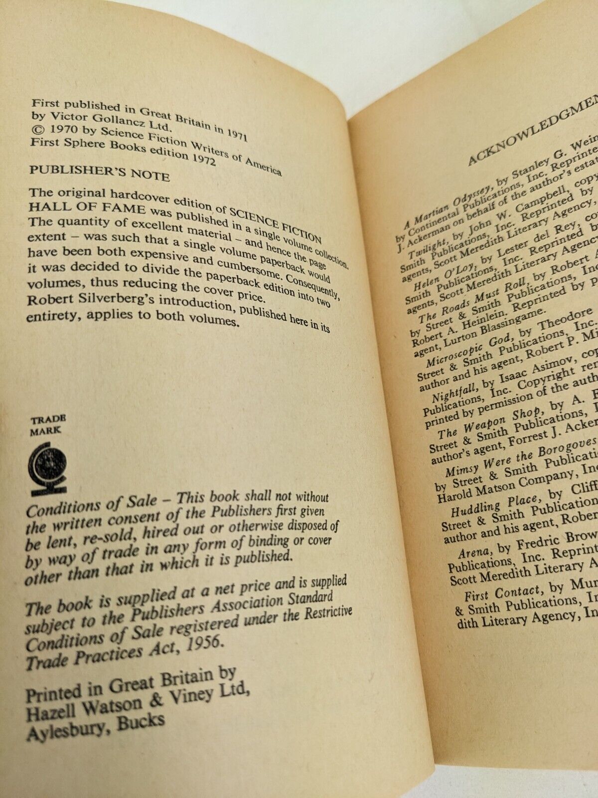 Science fiction hall of fame volume one edited by Robert Silverberg 1972